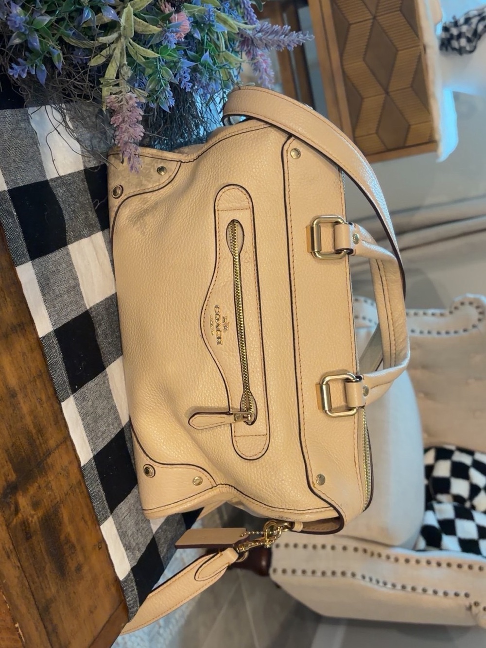 Coach Pebbled Leather Satchel in Beige with Gold Hardware